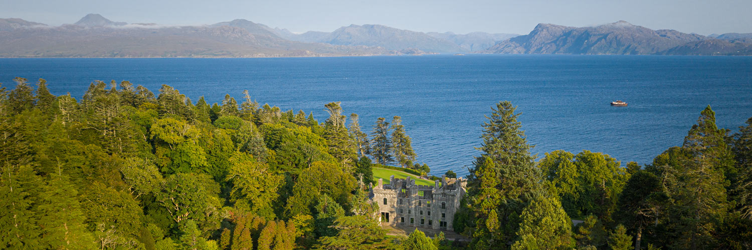 Aerial view of Armadale Castle and sea